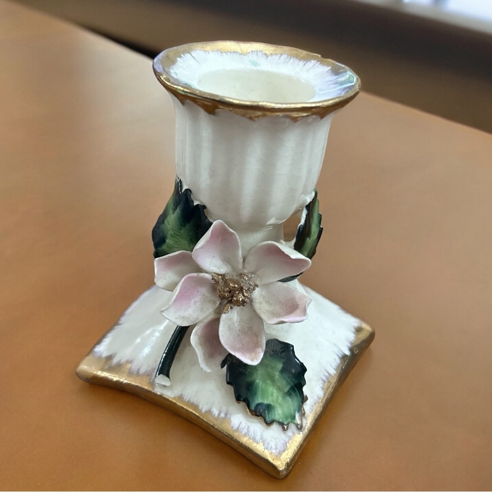 Vintage Candlestick Porcelain With 3D Flowers And Gold Accents Made In Japan